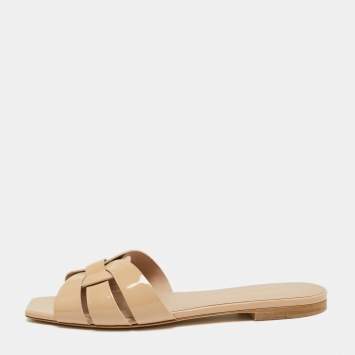 Pre Owned Saint Laurent Beige Patent Leather Tribute Flats Size 38