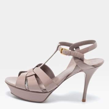 Pre Owned Saint Laurent Pale Mauve Patent Leather Tribute Platform Sandals Size 40.5
