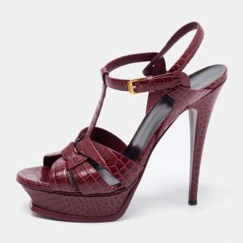 Pre Owned Saint Laurent Burgundy Croc Embossed Leather Tribute Platform Ankle Strap Sandals Size 41