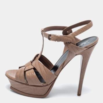 Pre Owned Saint Laurent Light Brown Lizard Embossed Leather Tribute Platform Sandals Size 39