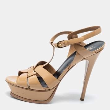 Pre Owned Saint Laurent Beige Patent Leather Tribute Platform Sandals Size 39.5