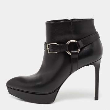 Pre Owned Saint Laurent Black Leather Janis 80 Platform Ankle Boots Size 37