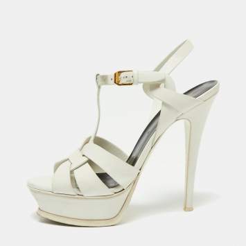 Pre Owned Saint Laurent White Leather Tribute Ankle Strap Platform Sandals Size 37.5