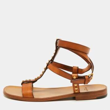 Pre Owned Saint Laurent Tan Leather Studded Ankle Strap Flat Sandals Size 40