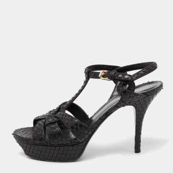 Pre Owned Saint Laurent Black Python Leather Tribute Ankle Strap Platform Sandals Size 39