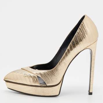 Pre Owned Saint Laurent Gold Embossed Leather Platform Pumps Size 38