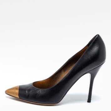 Pre Owned Saint Laurent Paris Black/Gold Leather Cap Toe Pointed Toe Pumps Size 38.5