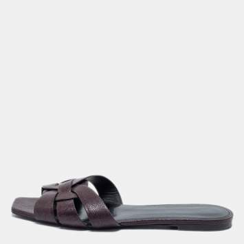 Pre Owned Saint Laurent Burgundy Leather Tribute Flats Size 40.5