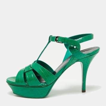 Pre Owned Saint Laurent Green Croc Embossed Leather Tribute Ankle Strap Platform Sandals Size 37