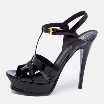 Pre Owned Saint Laurent Black Patent Leather Tribute Platform Sandals Size 38.5