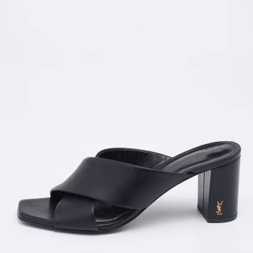 Pre Owned Saint Laurent Black Leather Lou Lou Criss Cross Slide Sandals Size 38