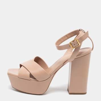 Pre Owned Saint Laurent Beige Leather Farrah Criss Cross Platform Sandals Size 38