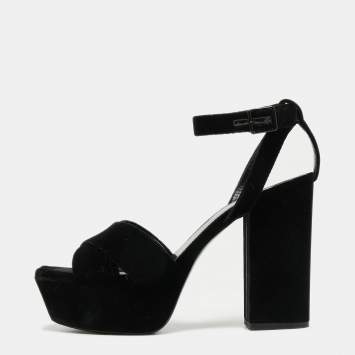 Pre Owned Saint Laurent Black Velvet Farrah Criss Cross Platform Sandals Size 39.5
