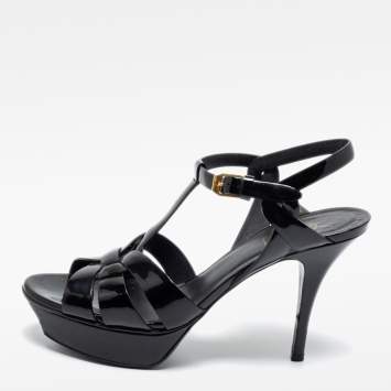 Pre Owned Saint Laurent Black Patent Leather Tribute Sandals Size 39
