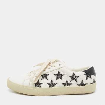 Pre Owned Saint Laurent White/Black Leather  And Glitter Star Patch Low Top Sneakers Size  37