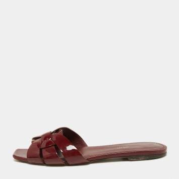 Pre Owned Saint Laurent Burgundy Patent Leather Tribute Flat Slides Size 38.5