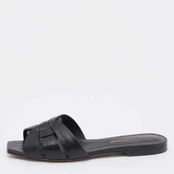 Pre Owned Saint Laurent Black Leather Tribute Flat Slide Sandals Size 35