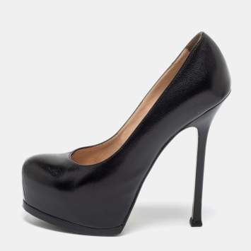 Pre Owned Saint Laurent Black Textured Leather Tribtoo Platform Pumps Size 37