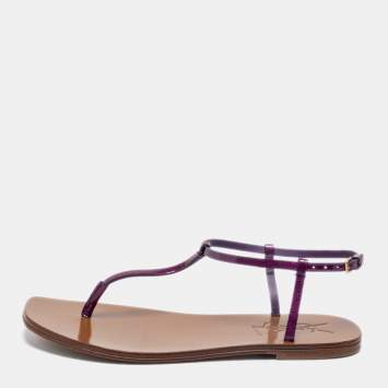 Pre Owned Saint Laurent Paris Purple Patent Leather Slingback Thong Flat Sandals Size 36.5