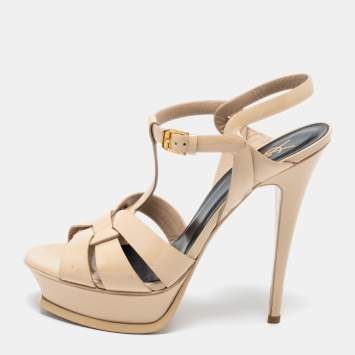 Pre Owned Saint Laurent Beige Patent Leather Tribute Sandals Size 39