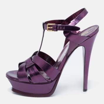 Pre Owned Saint Laurent Metallic Purple Leather Tribute Sandals Size 37
