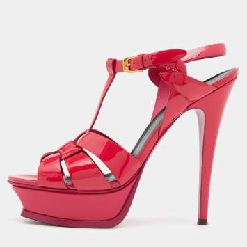 Pre Owned Saint Laurent Fuchsia Patent Leather Tribute Platform Sandals Size 39