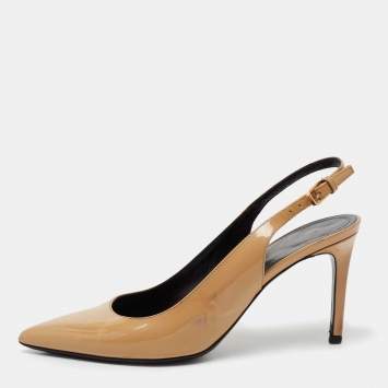 Pre Owned Saint Laurent Beige Patent Kiki Slingback Pumps Size 37