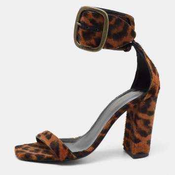 Pre Owned Saint Laurent Brown Leopard Print Pony Hair Ankle Strap Block Heel Sandals Size 37