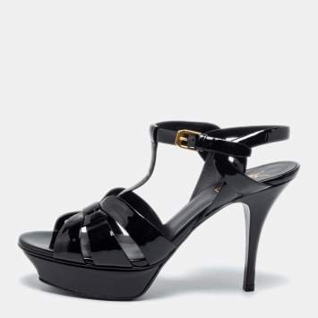 Pre Owned Saint Laurent Black Patent Leather Tribute Platform Sandals Size 39