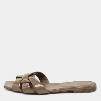 Pre Owned Saint Laurent Taupe Patent Leather Tribute Flat Slide Sandals Size 37.5