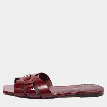 Pre Owned Saint Laurent Burgundy Patent Leather Tribute Flat Slide Sandals Size 38