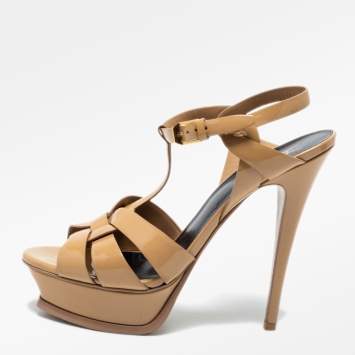 Pre Owned Saint Laurent Beige Patent Leather Tribute Sandals Size 38.5