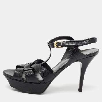 Pre Owned Saint Laurent Black Lizard Embossed Leather Tribute Platform Ankle Strap Sandals Size 38.5