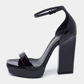 Pre Owned Saint Laurent Black Patent Leather Ankle-Strap Platform Sandals Size 37