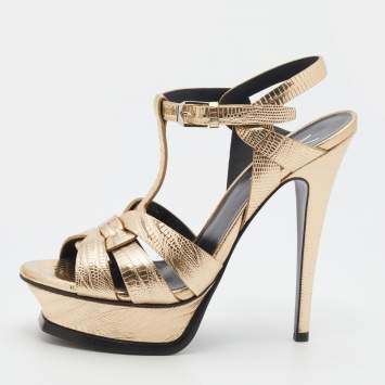 Pre Owned Saint Laurent Metallic Gold Lizard Embossed Leather Tribute Platform Sandals Size 36.5