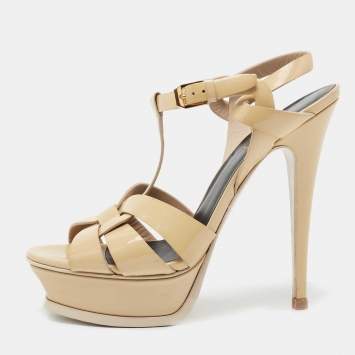 Pre Owned Saint Laurent Beige Patent Leather Tribute Platform Sandals Size 37