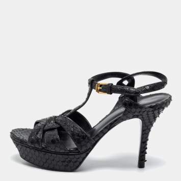 Pre Owned Saint Laurent Black Python Embossed Leather Tribute  Platform  Sandals Size 38