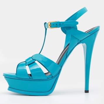 Pre Owned Saint Laurent Blue Patent Leather Tribute Platform Ankle Strap Sandals Size 39