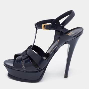 Pre Owned Saint Laurent Black Patent Leather Tribute Platform Sandals Size 37.5