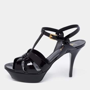 Pre Owned Saint Laurent Black Patent Leather Tribute Platform Ankle Strap Sandals Size 38