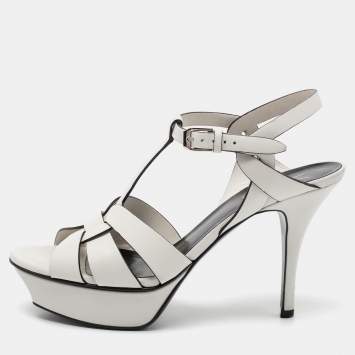 Pre Owned Saint Laurent White Leather Tribute Platform Sandals Size 37.5