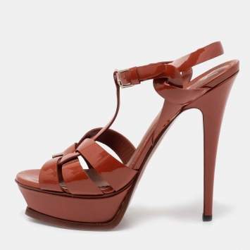 Pre Owned Saint Laurent Orange Patent Leather Tribute Platform Sandals Size 38