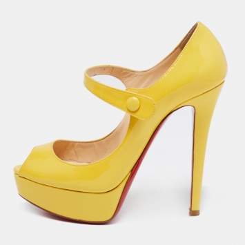 Pre Owned Christian Louboutin Yellow Patent Leather Zeppa Peep Toe Mary Jane Platform Pumps Size 35.5