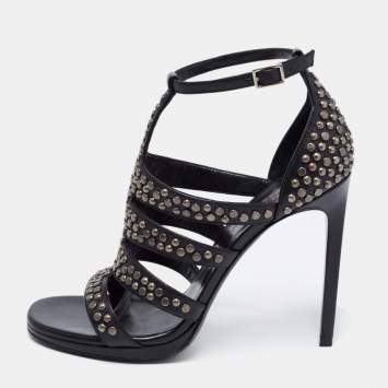 Pre Owned Saint Laurent Black Leather Studded Strappy Sandals Size 38
