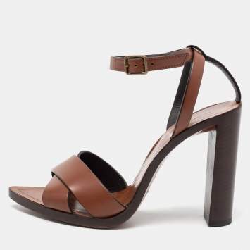 Pre Owned Saint Laurent Brown Leather Ankle-Strap Block Heel Sandals Size 37.5