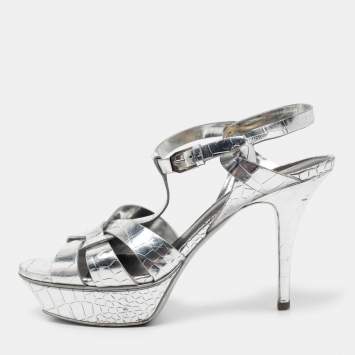 Pre Owned Saint Laurent Silver Croc Embossed Leather Tribute Sandals Size 39