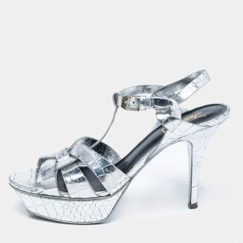 Pre Owned Saint Laurent Silver Croc Embossed Leather Tribute Sandals Size 38