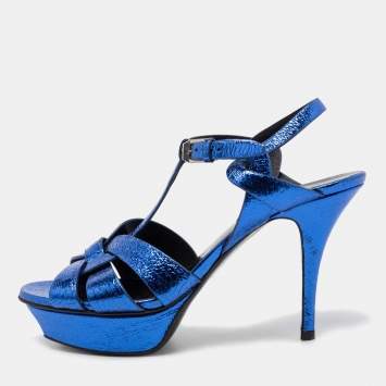 Pre Owned Saint Laurent Metallic Blue Crackled Leather Tribute Platform Sandals Size 39.5