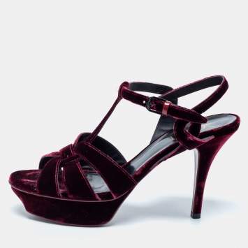 Pre Owned Saint Laurent Burgundy Velvet Tribute Sandals Size 39