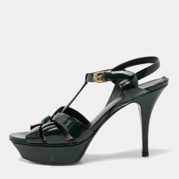 Pre Owned Saint Laurent Dark Green Patent Leather Tribute Platform Sandals Size 38
